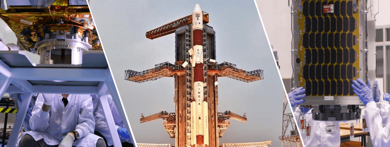 Engineers integrating a satellite in a clean room, PSLV on the launch pad, and a satellite being prepared for launch
