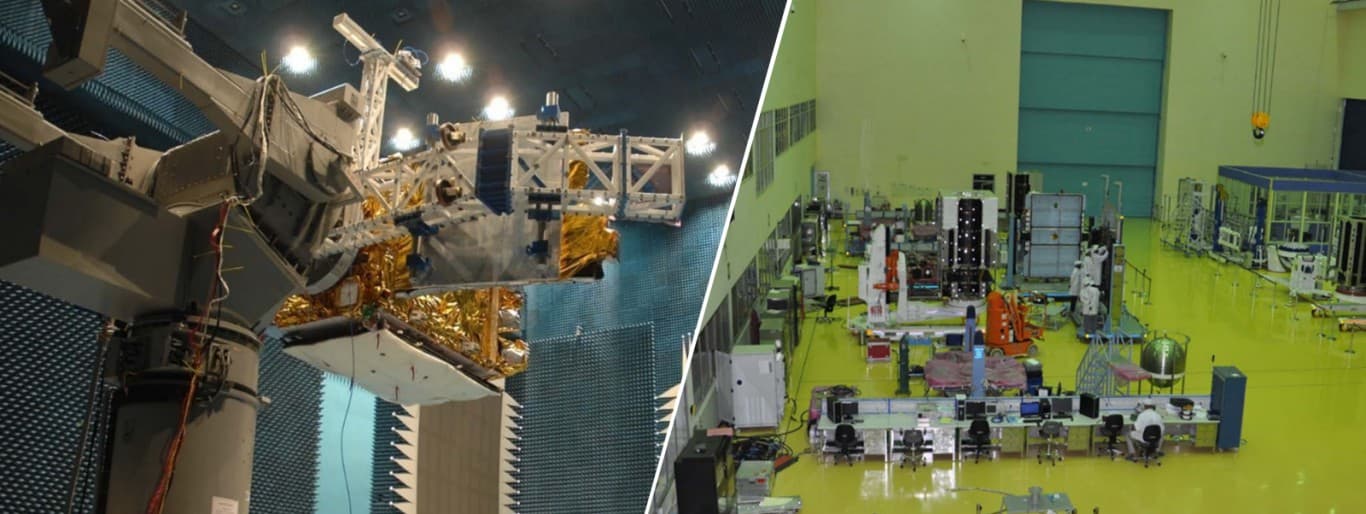 Spacecraft under test in an anechoic chamber and a satellite assembly and integration hall