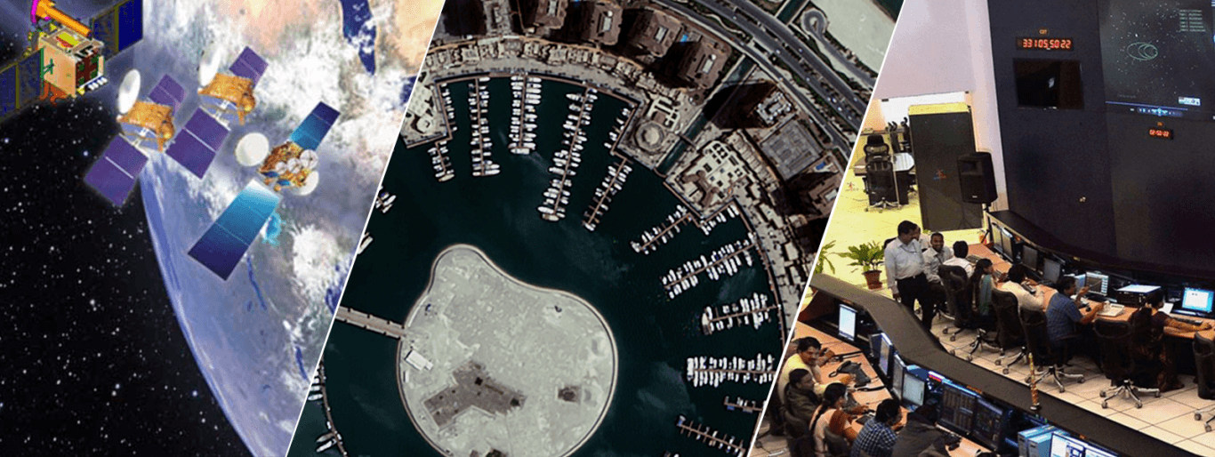 Communication satellites orbiting Earth, a high-resolution satellite image of a coastal city, and a mission control room