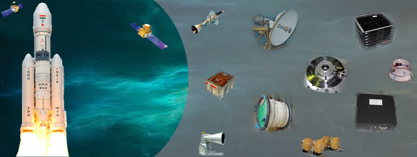 GSLV lifting off beside an array of ISRO-developed subsystems and components available for technology transfer